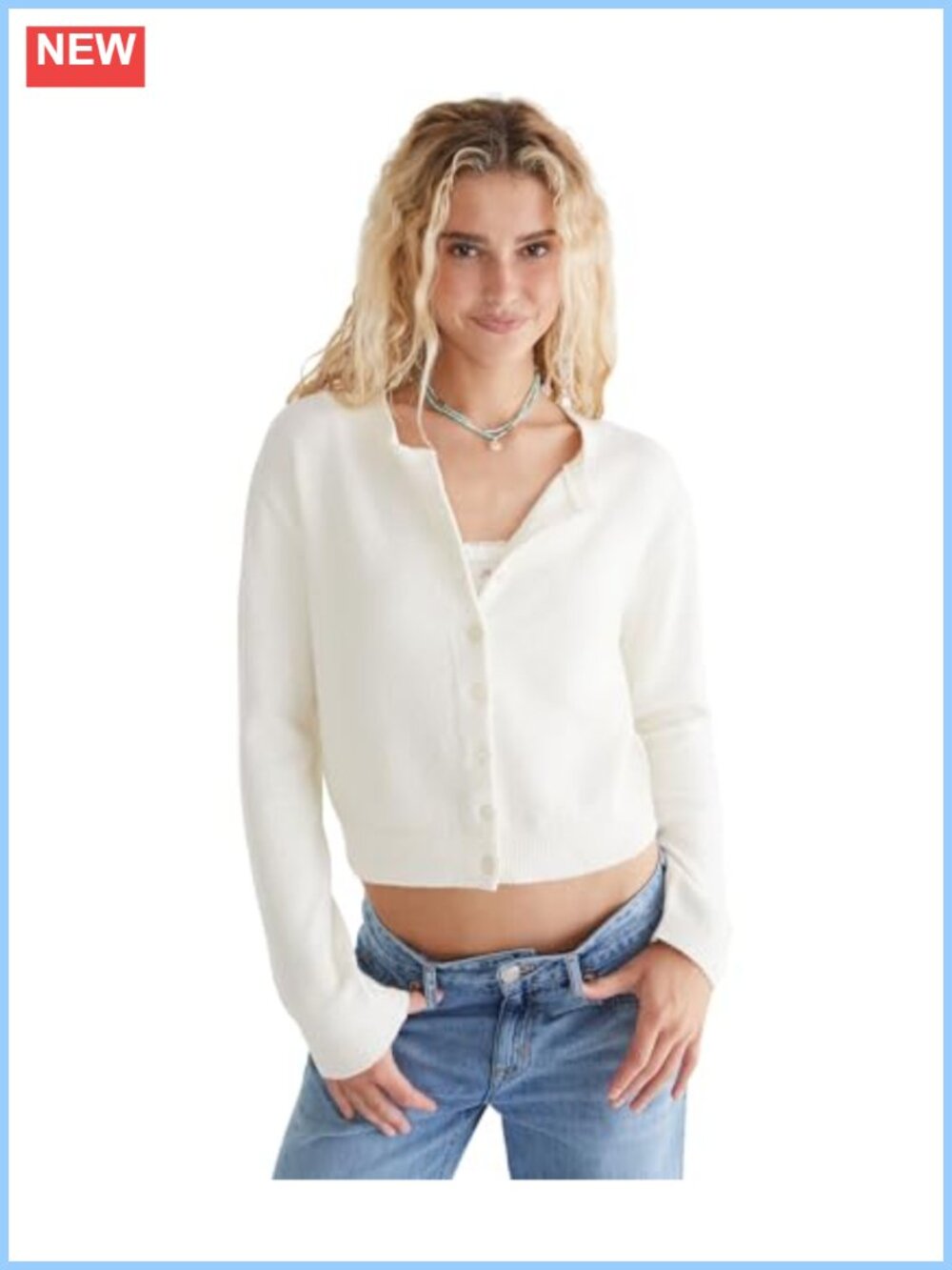 Button-Up Cardigan Relaxed Fit Crew Neck Long Sleeve Semi-Cropped Sweater